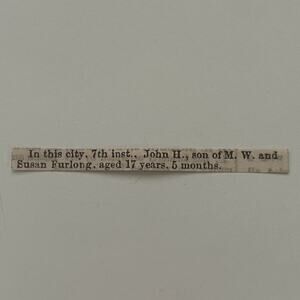 John H. Son of M. W. Susan Furlong 1855 Portland ME Death Announcement SAI4-S35